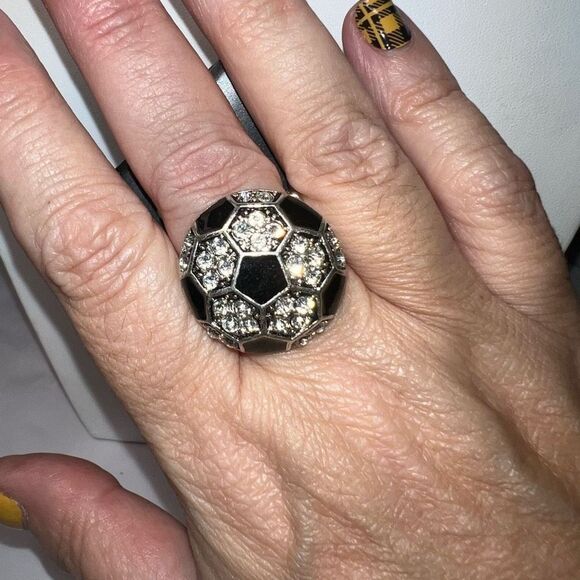 Silver Tone with Black Enamel and Crystals Cocktail Ring with Stretch Band - Picture 5 of 6